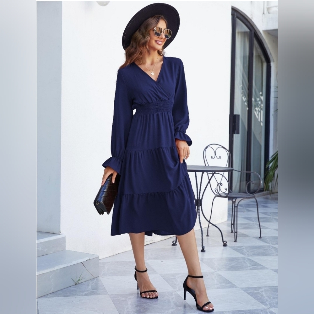 New with tags! Womens Large navy blue long sleeve high smocked waist dress